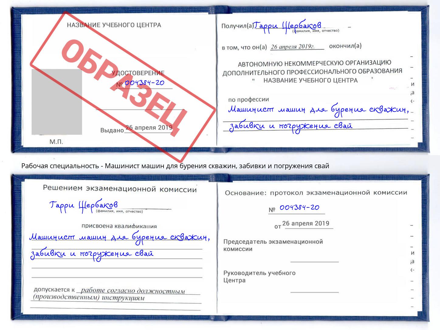 Машинист машин для бурения скважин, забивки и погружения свай Сунжа