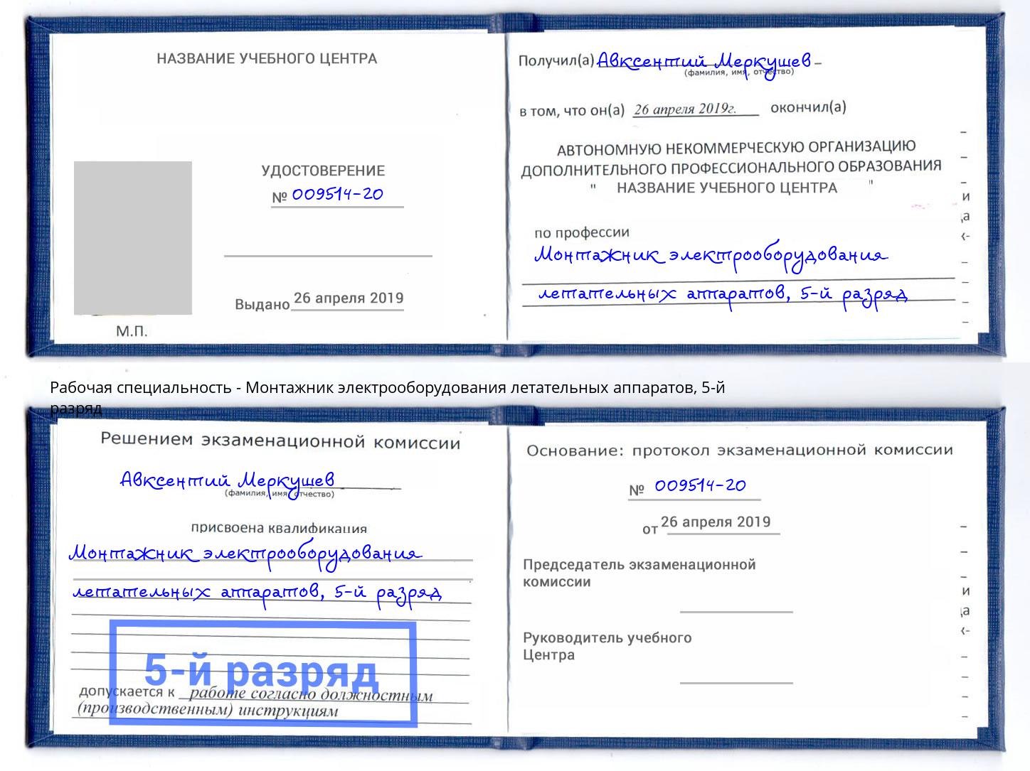 корочка 5-й разряд Монтажник электрооборудования летательных аппаратов Сунжа