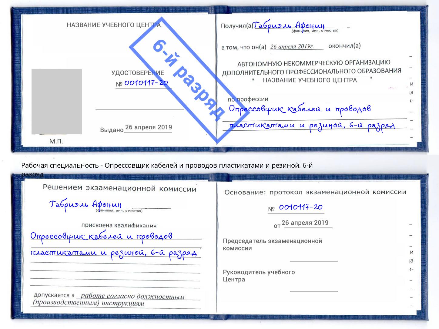 корочка 6-й разряд Опрессовщик кабелей и проводов пластикатами и резиной Сунжа