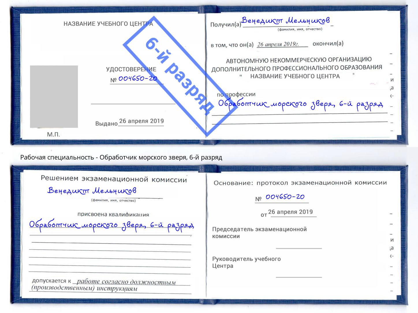 корочка 6-й разряд Обработчик морского зверя Сунжа