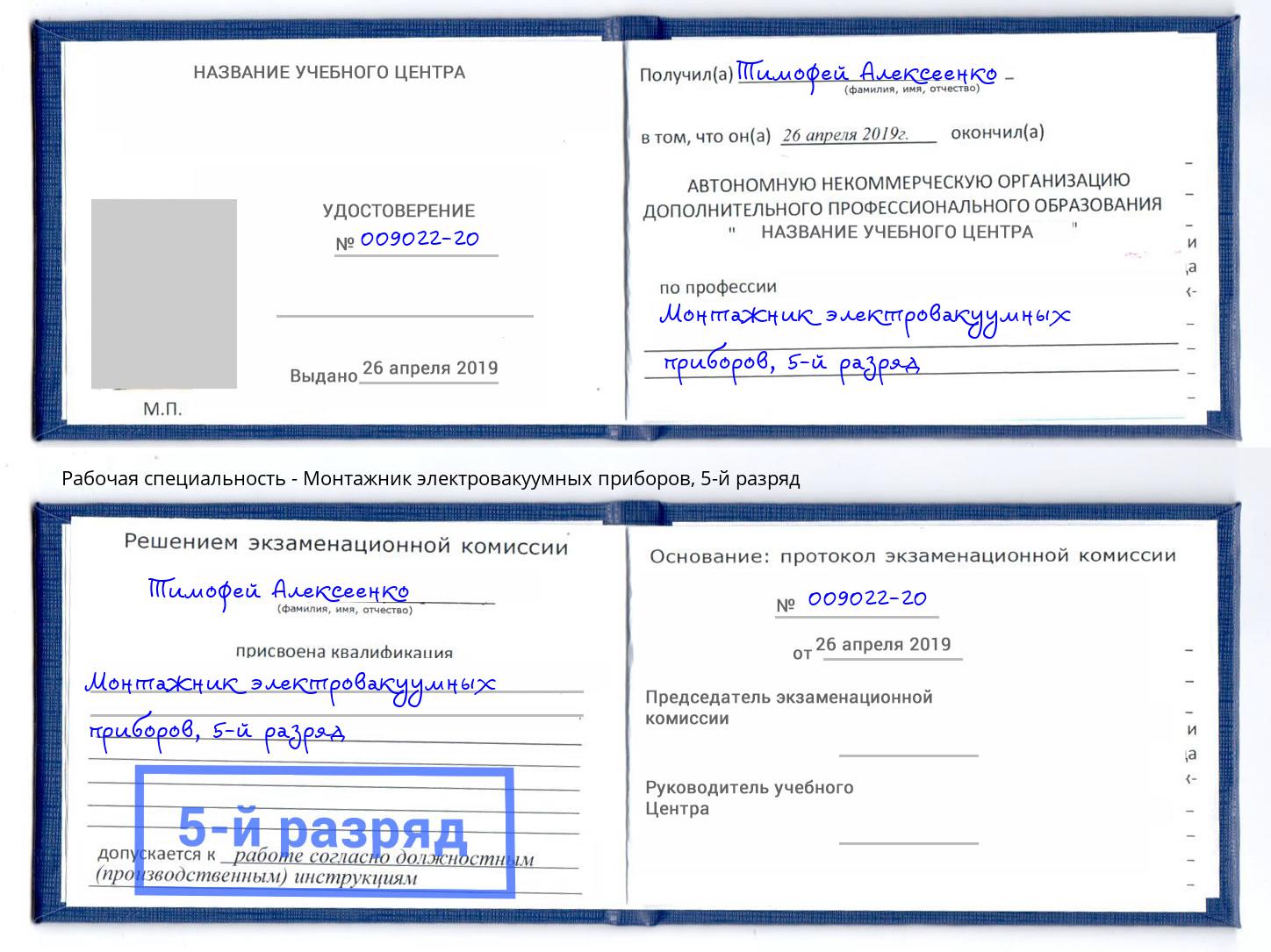 корочка 5-й разряд Монтажник электровакуумных приборов Сунжа