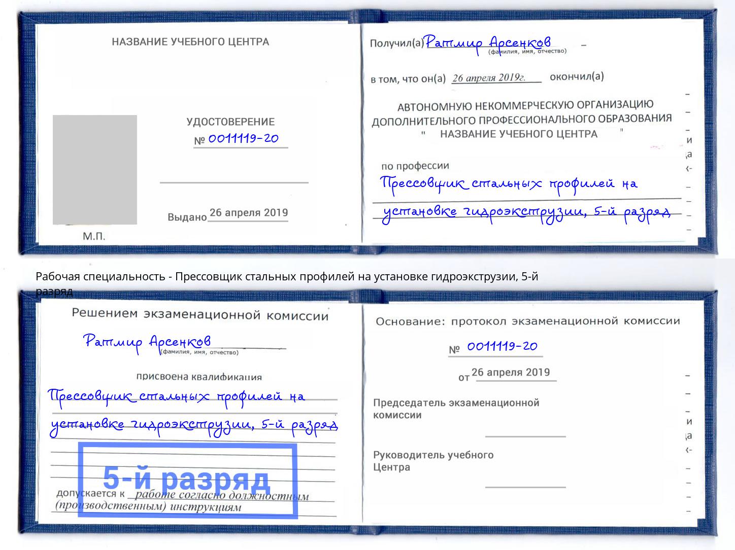 корочка 5-й разряд Прессовщик стальных профилей на установке гидроэкструзии Сунжа