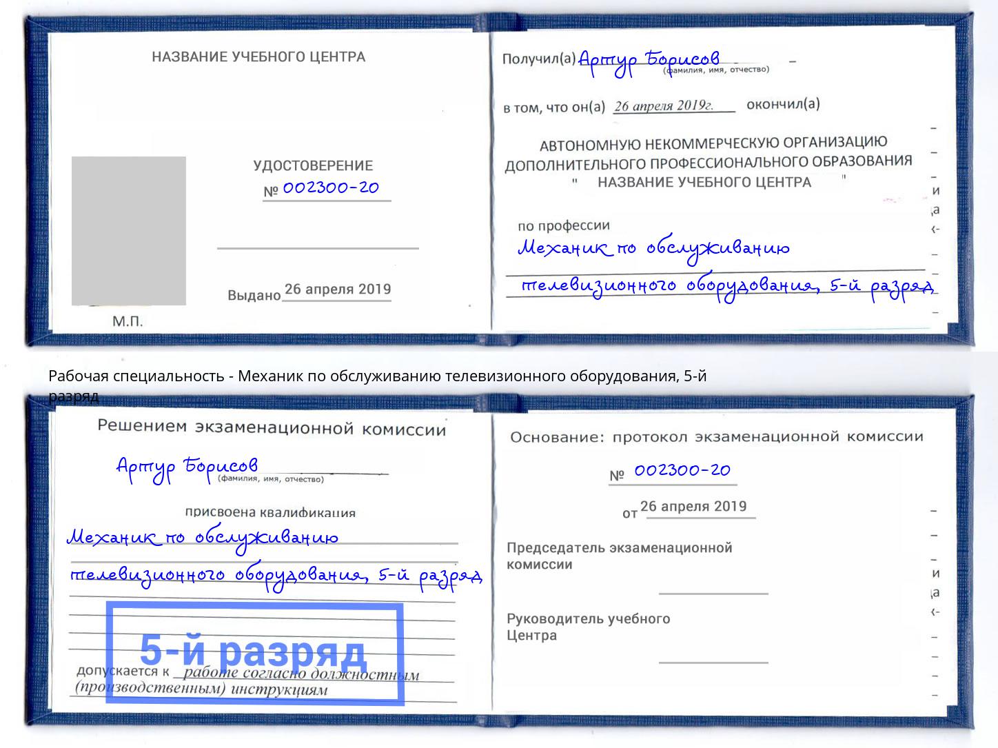 корочка 5-й разряд Механик по обслуживанию телевизионного оборудования Сунжа